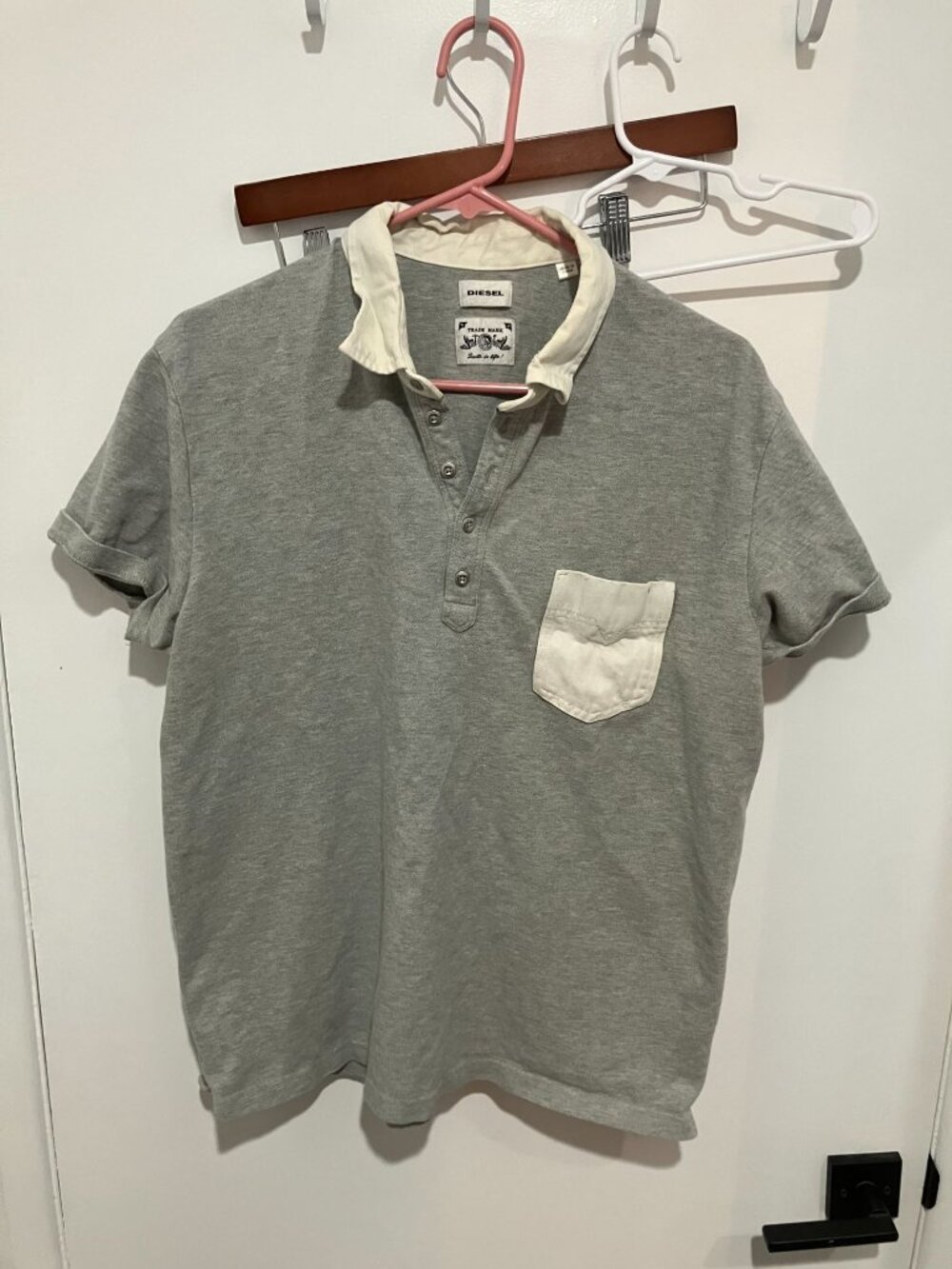 Diesel Men's Polo Shirt w/ Contrasting Collar and Pocket, Gray/Cream, Size XXL